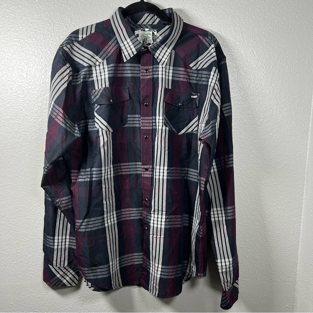 Current Burgundy‎ Black Grey Men XL Long Sleeve Cotton Plaid Snap Button Shirt